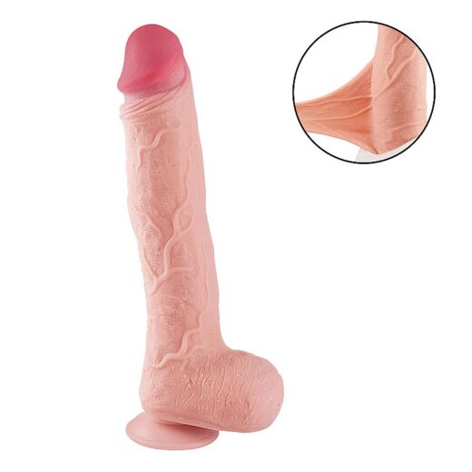 PENIS GIGANTE DUPLA CAMADA PELE MOVEL 33X6CM ULTRA REALISTICO COM VENTOSA REMOVIVEL BEGE