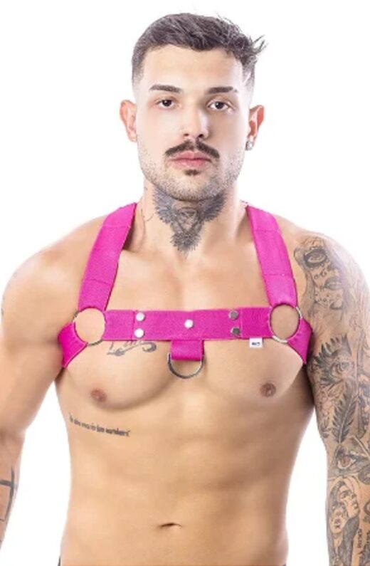 HARNESS ELASTICO ROSA CRUZADO NAS COSTAS ARGOLA DE METAL