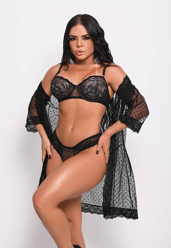 ROBE COM CONJUNTO EM TULE E RENDA ALTA QUALIDADE PRETO