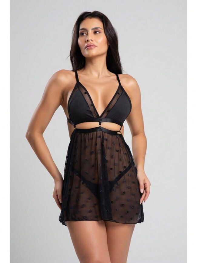 CAMISOLA TULE COM CALCINHA PRETO