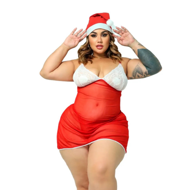 FANTASIA MAMÃE NOEL PLUS SIZE COM GORRO ALTA QUALIDADE