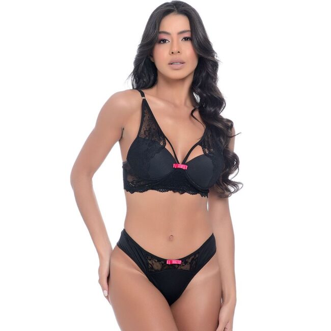 CONJUNTO STRAPPY COM BOJO PRETO DETALHES ROSA