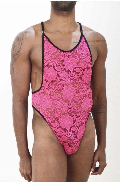 BODY EM RENDA FLORIDA COR ROSA COM REGULADOR
