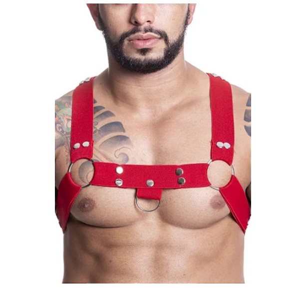 HARNESS ELASTICO VERMELHO COM ILHOS E ARGOLA DE METAL 2