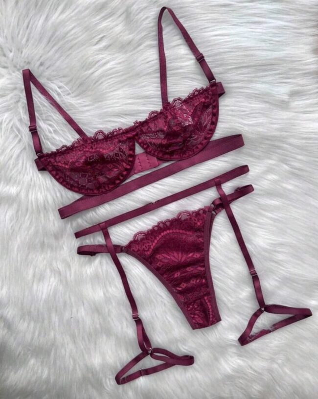 CONJUNTO ANITA MEIA TAÇA COM ARO CALCINHA REGULAVEL E CINTA LIGA VINHO