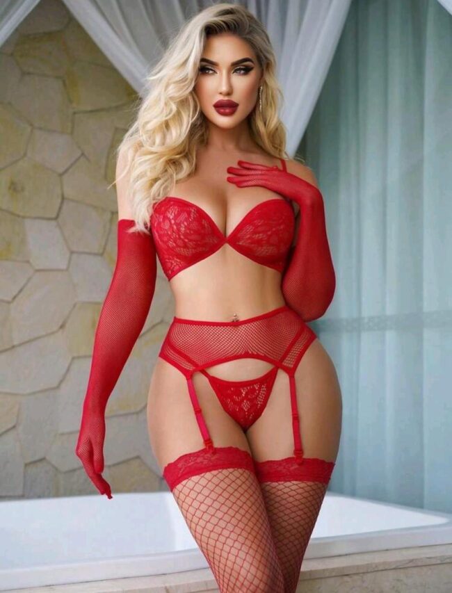 CONJUNTO RENDA VERMELHO COM LUVAS E MEIA ARRASTÃO