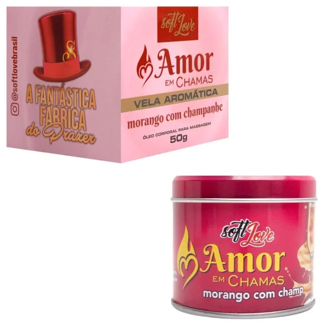 SOFT LOVE AMOR EM CHAMAS VELA AROMÁTICA MORANGO COM CHAMPANHE 50g