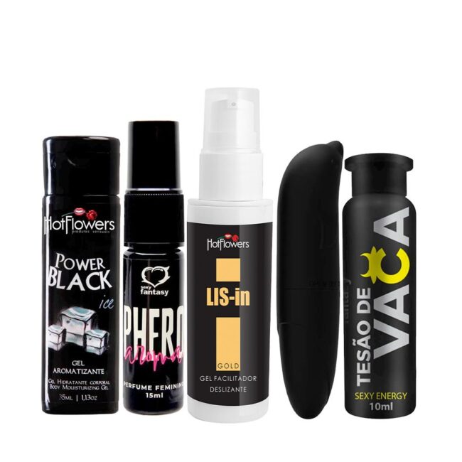 KIT GEL BEIJAVEL ESFRIA + PERFUME COM FEROMONIOS + VIBRADOR GOLFINHO + DESSENSIBILIZANTE ANAL + TESAO DE VACA