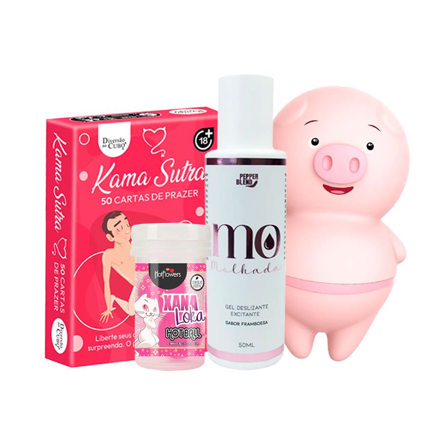 KIT ESTIMULADOR LINGUINHA + LUB SENSIBILIZANTE FRAMBOESA 50ML + JOGO POSICOES KAMASUTRA + BOLINHAS EXCITANTES