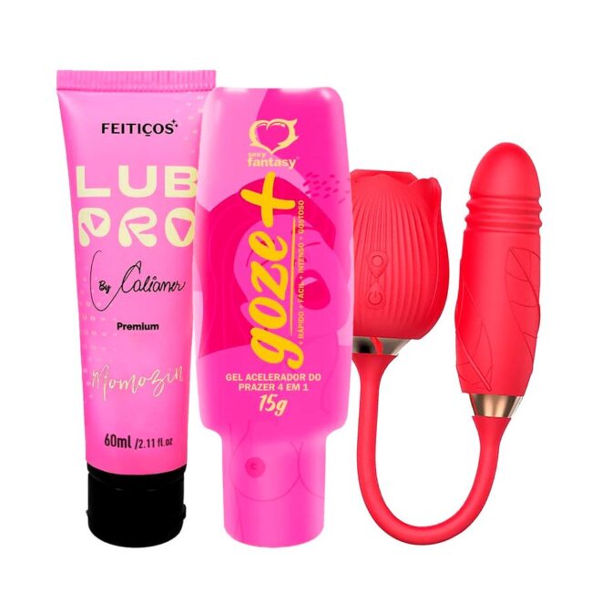 KIT LUBRIFICANTE COMESTIVEL ESQUENTA + EXCITANTE FEMININO + ROSA DUPLO ESTIMULO RECARREGAVEL