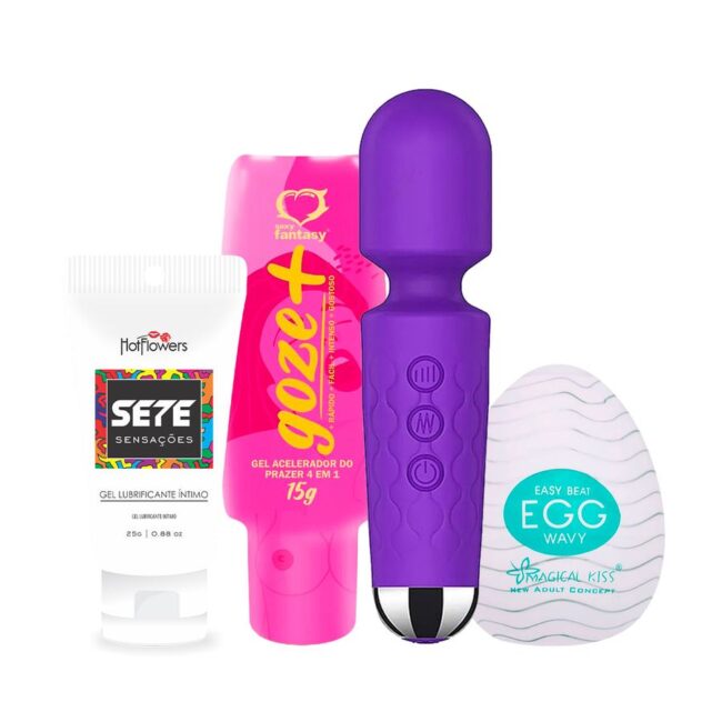 KIT DESSENSIBILIZANTE ANAL + VARINHA MÁGICA RECARREGÁVEL + EXCITANTE FEMININO + EGG MASTURBADOR