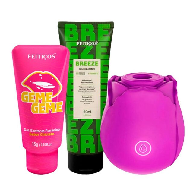 KIT ROSA SUGADORA RECARREGAVEL + EXCITANTE FEMININO + LUBRIFICANTE COM TERPENOS 60ML