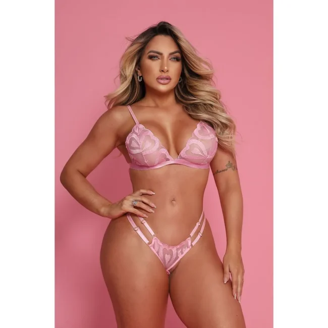 CONJUNTO CALCINHA E SUTIÃ EM TULE BORDADO DE CORAÇÃO