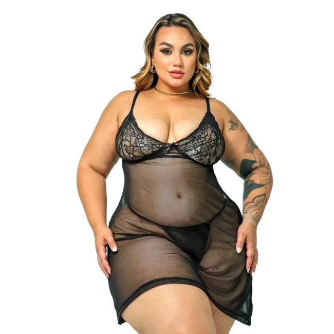 CAMISOLA PLUS SIZE EM TULE COM CALCINHA SUPER FIO DENTAL
