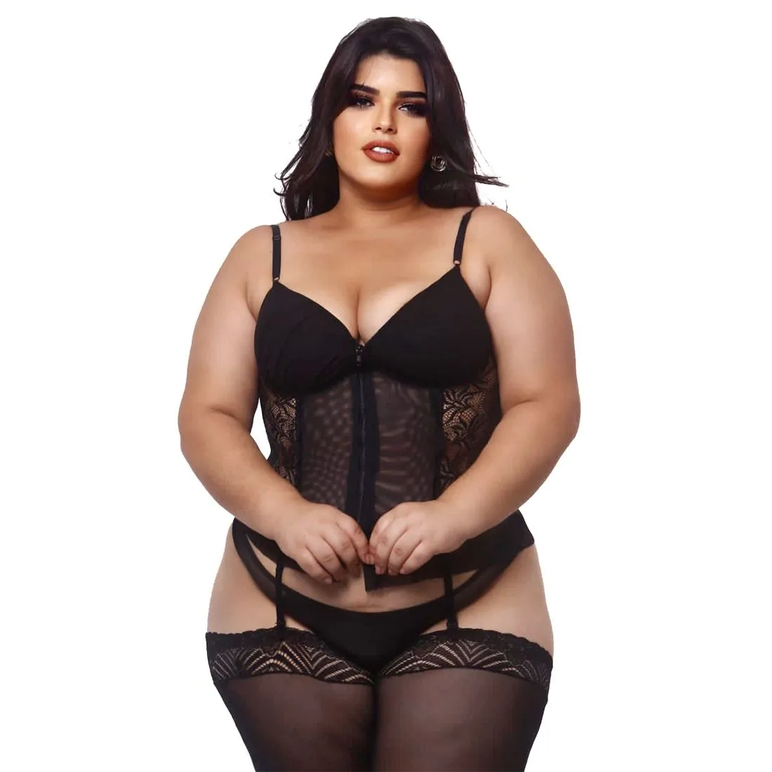 ESPARTILHO PLUS SIZE EM TULE COM DETALHES EM RENDA E ZÍPER FRONTAL