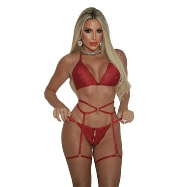 CONJUNTO SUTIÃ E CALCINHA FIO DENTAL COM CINTA LIGA