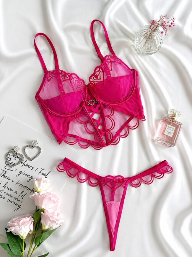 CONJUNTO LINGERIE DELUXE CORAÇÃO EM TULE PINK