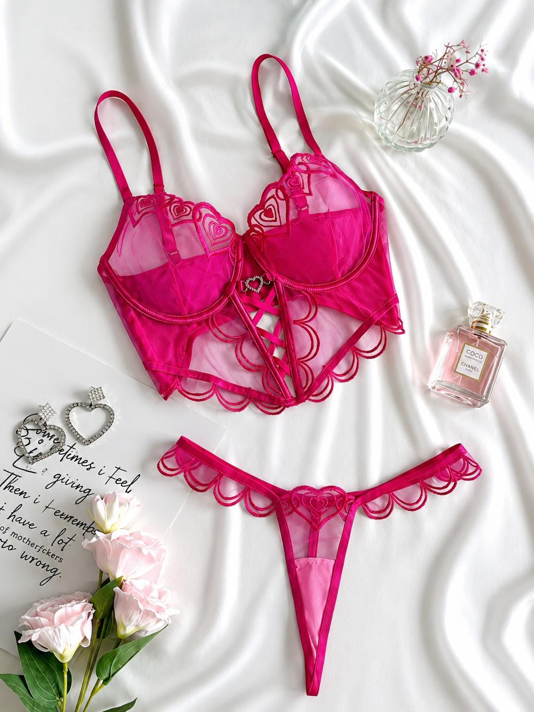 CONJUNTO LINGERIE DELUXE CORAÇÃO EM TULE PINK