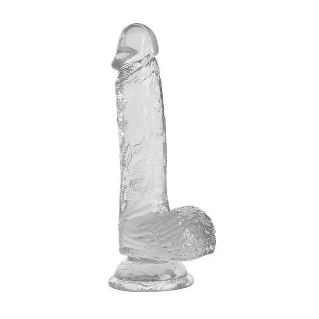 DILDO REALÍSTICO COM ESCROTO TRANSPARENTE FLEXÍVEL 20,5X3,8CM