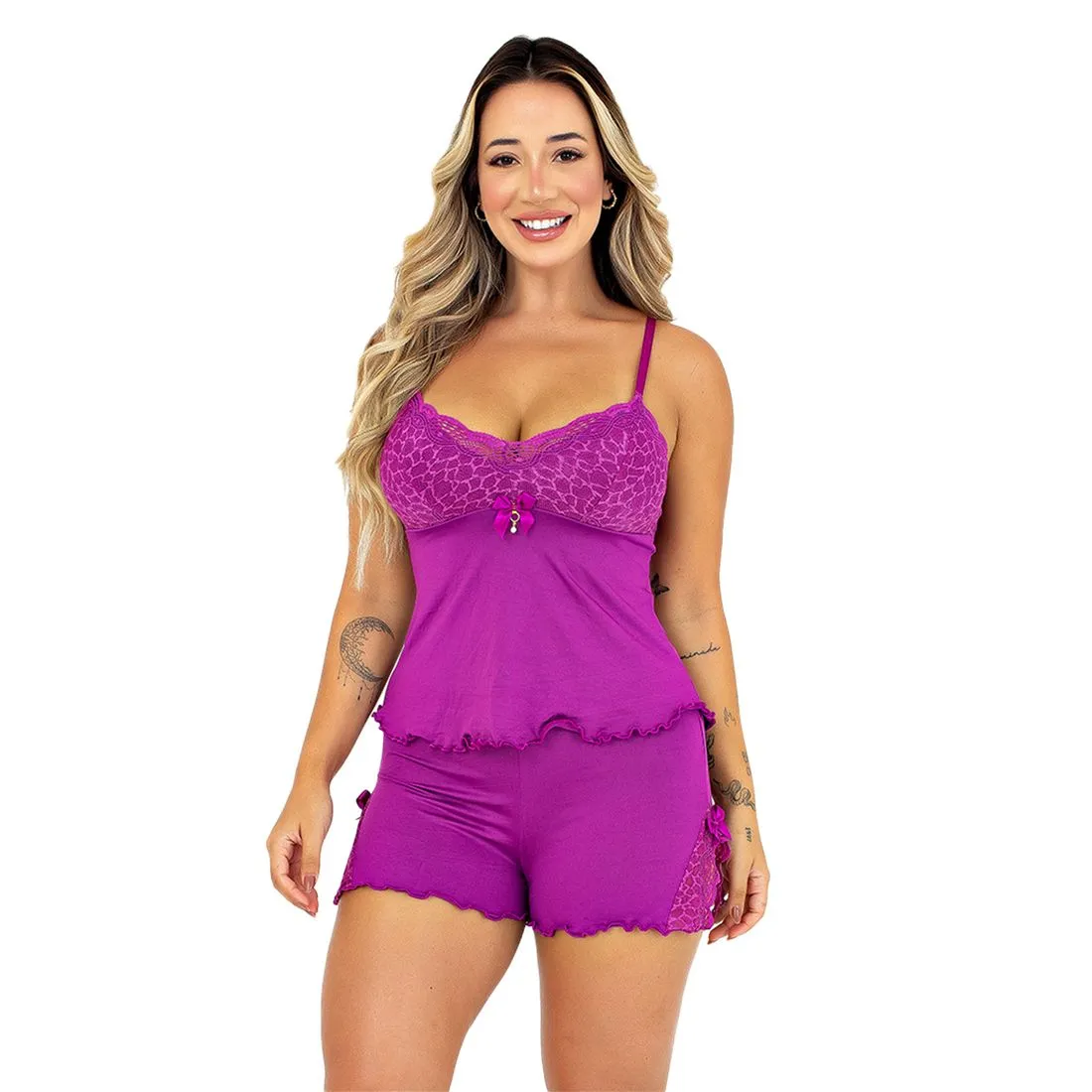 BABYDOLL LISO COM BIJU E DETALHES EM RENDA CORES - Imagem 4